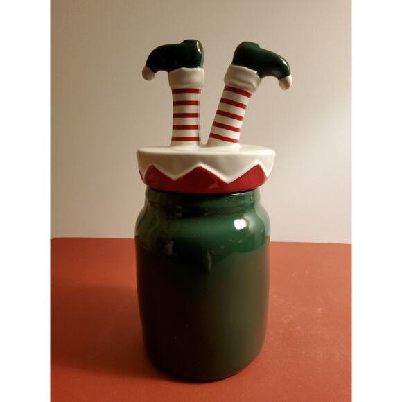 Rae Dunn "Santa's Elf" Canister (10") - Green with Elf Legs Lid - Picture 2 of 4